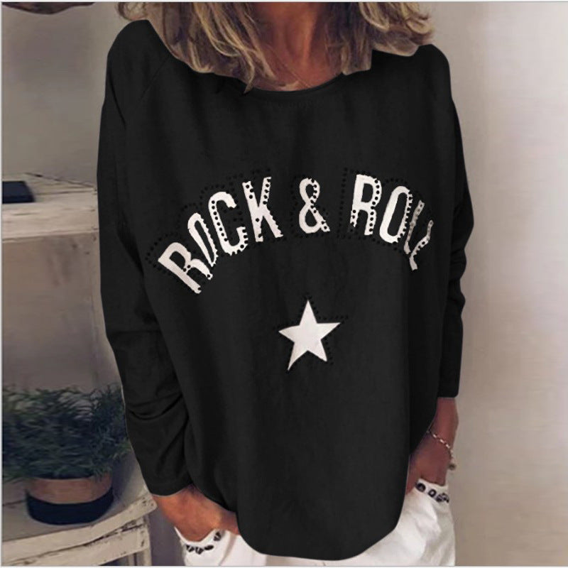 Yipinpay New Autumn And Winter Women's T-Shirt 2024 Is A Hot Seller Of Printed Diamond-Encrusted Round Collar Long-Sleeved Sweaters