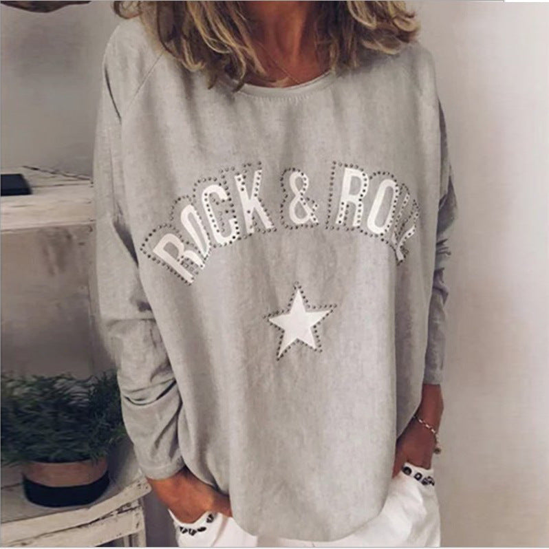 Yipinpay New Autumn And Winter Women's T-Shirt 2024 Is A Hot Seller Of Printed Diamond-Encrusted Round Collar Long-Sleeved Sweaters