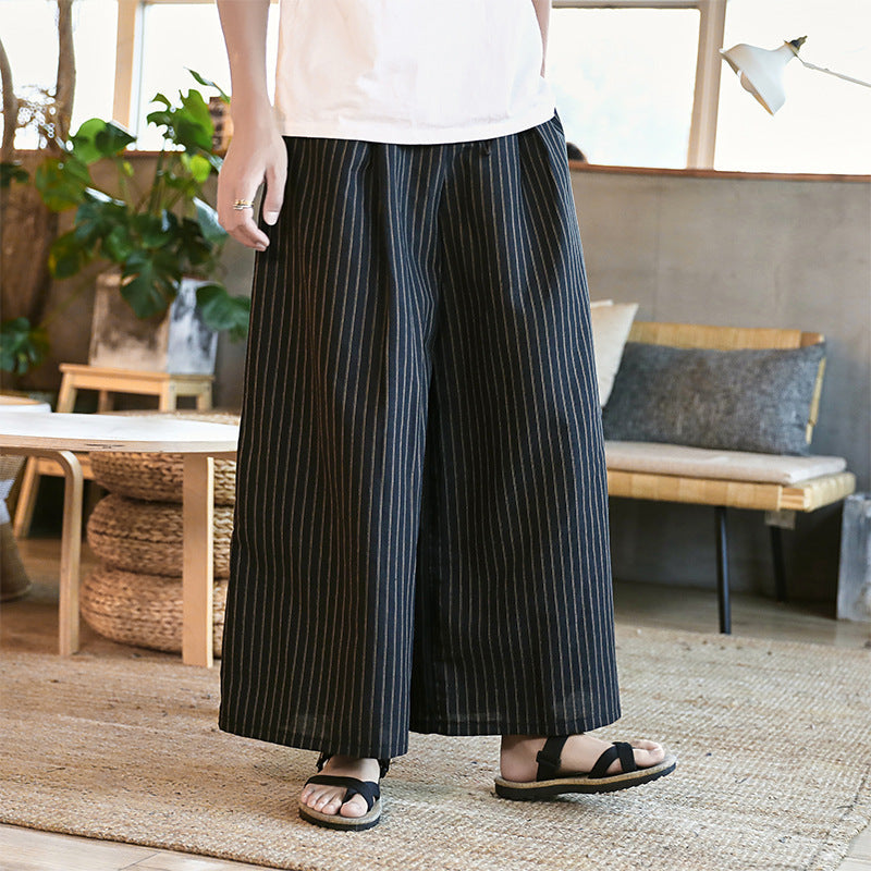 Pants Men's Baggy Big Leg Pants Casual Pants Wide Leg Harun Pants 2024 Versatile Cotton Linen Long Pants Striped Pants Skirt