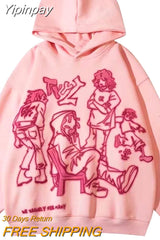 Yipinpay Graphic Print Hoodies Women Men Y2K Streetwear Harajuku Long Sleeve Pink Hooded Sweatshirt Vintage Casual Loose Hoodie