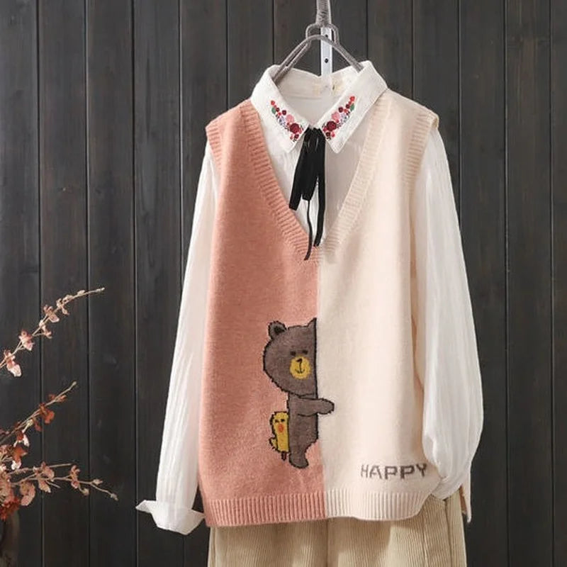 Yipinpay and autumn new simple color matching knitted vest women loose wild V-neck cartoon pattern knitted sweater