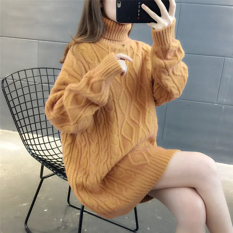 Yipinpay Loose Lazy Wind Long Sweater Women Long Sleeve Striped Jacquard Straight Knitted Sweater Women Female Spring Autumn