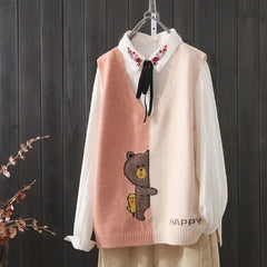 Yipinpay and autumn new simple color matching knitted vest women loose wild V-neck cartoon pattern knitted sweater