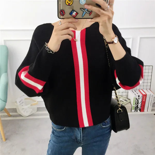 Yipinpay New Autumn Winter Women Sweater Pullover Stripe Contrast Color Bat Sleeve Knitted Jumper Loose Short Tops Outwear Pull Femm