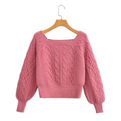 Yipinpay New Square Collar Long-Sleeved Twist Textured Short Sweater In Autumn