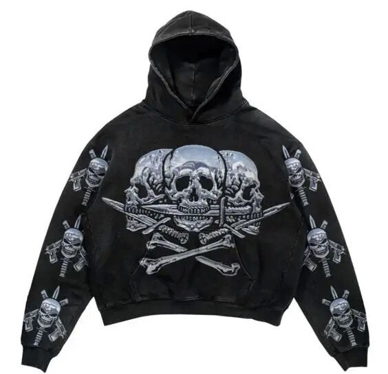 Yipinpay Vintage Gothic Skeleton Hoodie Autumn And Winter Hip Hop Long-Sleeved Coat Loose Hooded Sweatshirt