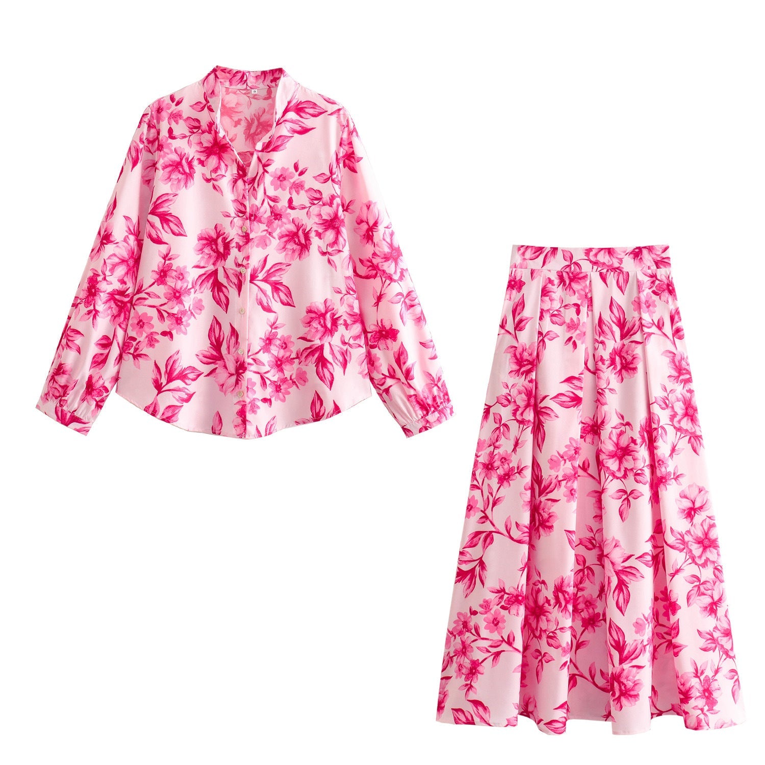 Yipinpay Shirt 7484067 Flower Printed Flute Skirt 7484067 Set