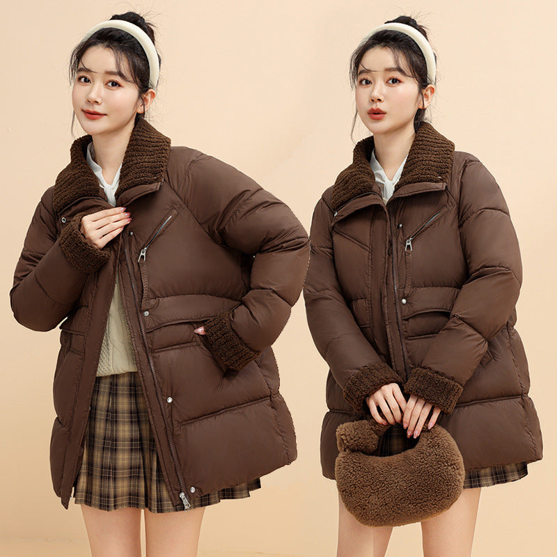 Down Cotton Jacket Female Winter 2024 New Loose Lamb Wool Collar Cotton-Padded Jacket And Thick Coat