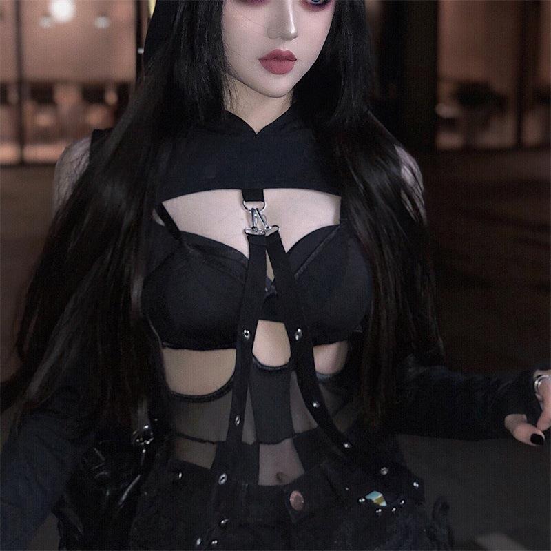 Yipinpay Dark Wind 2024 Spring New Ins Gothic Short Style Sweater With Shoulders Exposed And Navel Exposed For Women's Wear