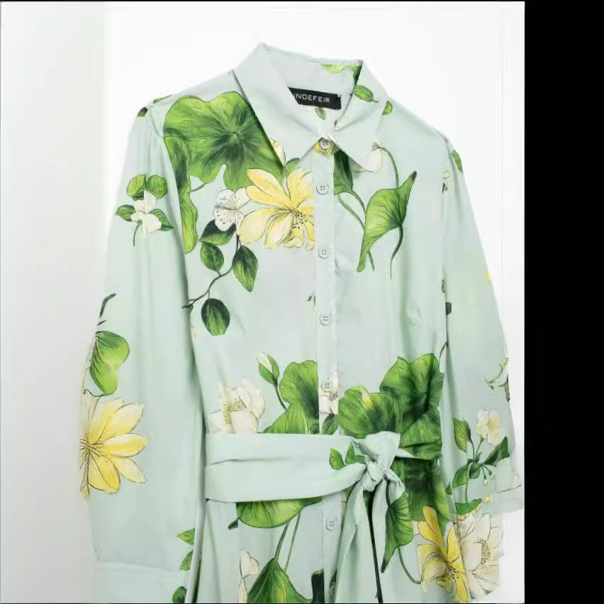 Yipinpay Summer Flower Printed Shirt-Style Belt Dress 2183074