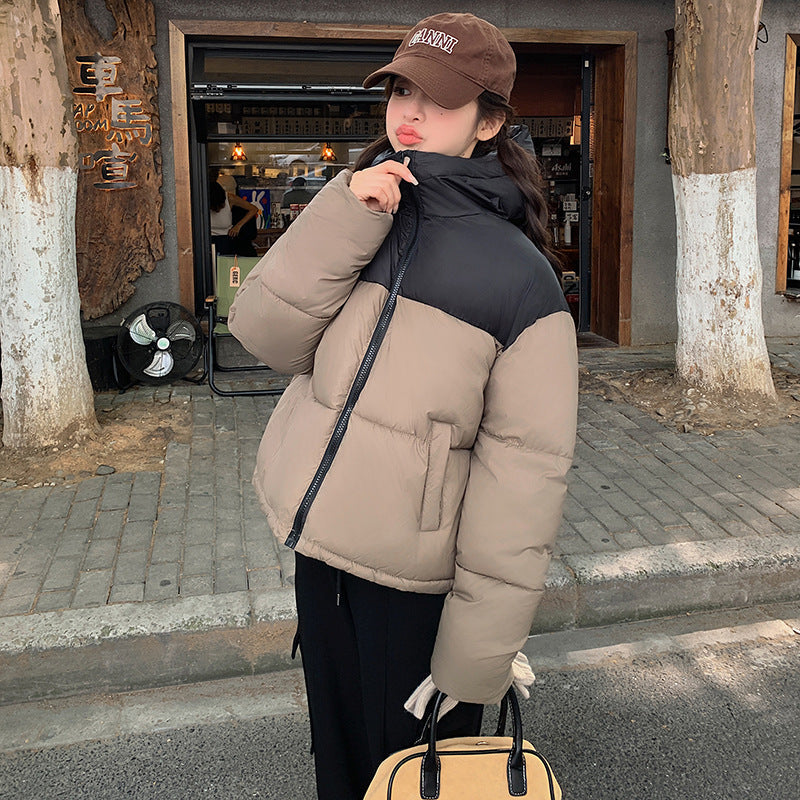 Bean Wind Spell Color Hooded Padded Clothes Female Short Style 2024 Winter New Fashion Loose Small Bread Jacket