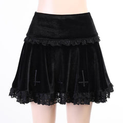 Yipinpay Dark Design Embroidered Lace Skirt 2024 Winter High Waist New Black Half Skirt