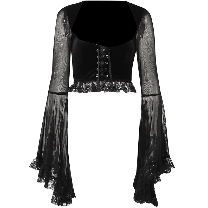 Yipinpay Strapped With Lace Spliced Horn Long-Sleeved Shirt Dark Slim Sexy Navel Cardigan T-Shirt