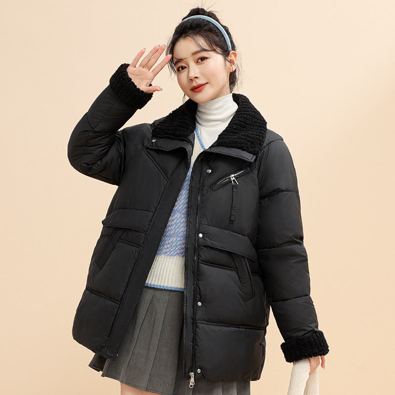 Down Cotton Jacket Female Winter 2024 New Loose Lamb Wool Collar Cotton-Padded Jacket And Thick Coat