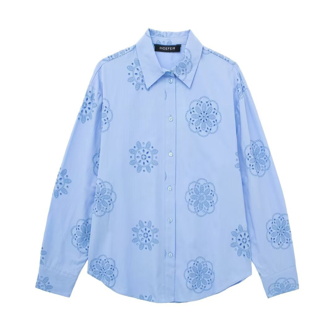 Yipinpay Spring Style Glue Embroidery Decorated Loose Poplin Shirt 2492056