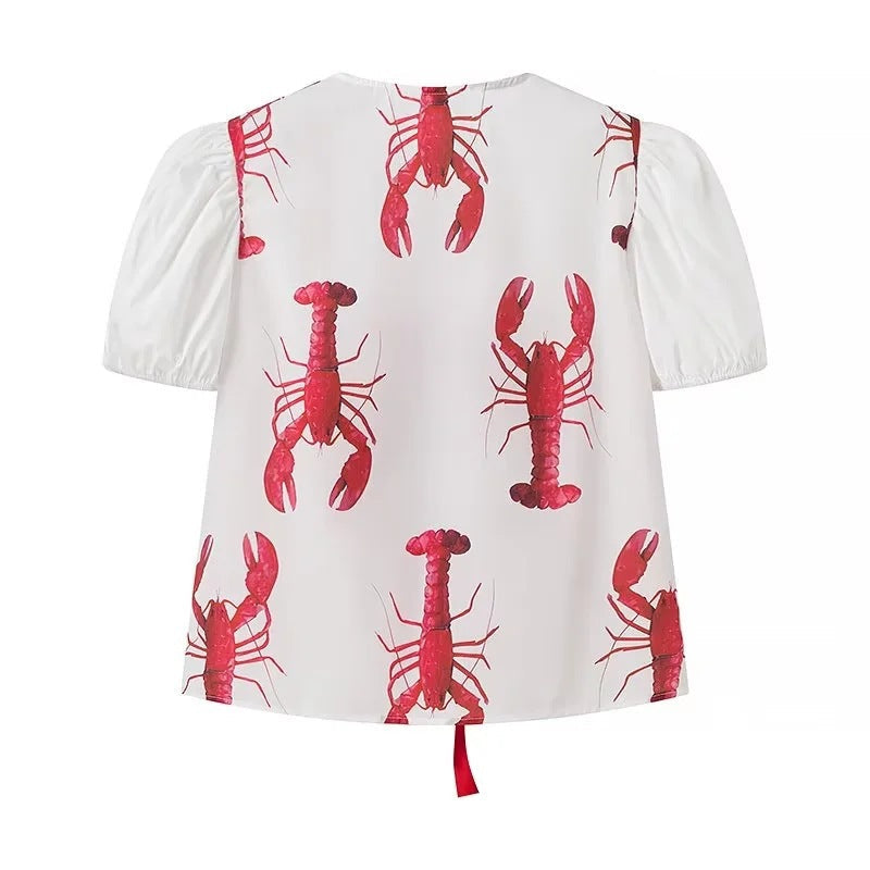 Yipinpay Women's New Style Lobster Print Lace-Up Short-Sleeved Shirt + Lobster Print Leisure Trousers Set