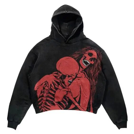 Yipinpay Vintage Gothic Skeleton Hoodie Autumn And Winter Hip Hop Long-Sleeved Coat Loose Hooded Sweatshirt