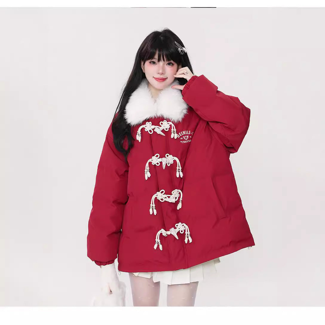 Sense Ox Horn Buckle And Thick Cotton Coat Female Winter Korean College Wind Casual Couples Warm Cotton-Padded Jacket Cotton-Padded Jacket