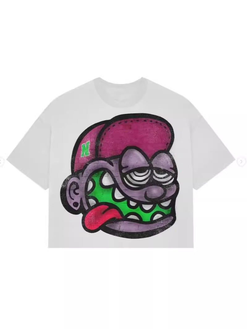 Yipinpay Summer Long-Style Short-Sleeved Cartoon Graphic Printing T-Shirt Hip-Hop Harajuku Leisure Round-Collar T-Shirt Gothic Short Sleeves