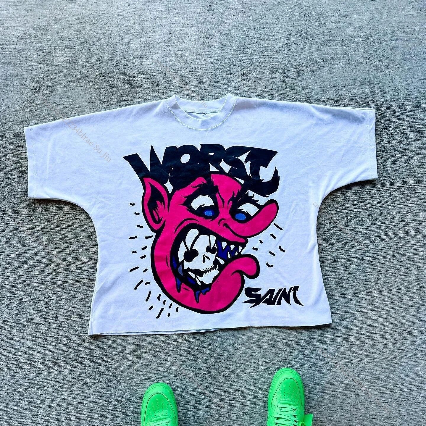 Yipinpay Kd Is Little Devil Graffiti Hip-Hop Printed Street Short-Sleeved T-Shirt Men And Women Retro Loose In Summer