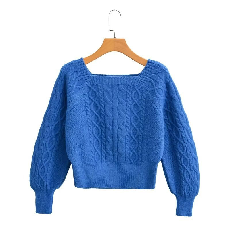 Yipinpay New Square Collar Long-Sleeved Twist Textured Short Sweater In Autumn