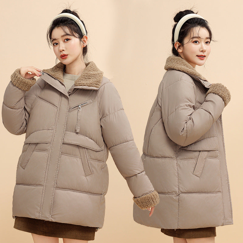 Down Cotton Jacket Female Winter 2024 New Loose Lamb Wool Collar Cotton-Padded Jacket And Thick Coat