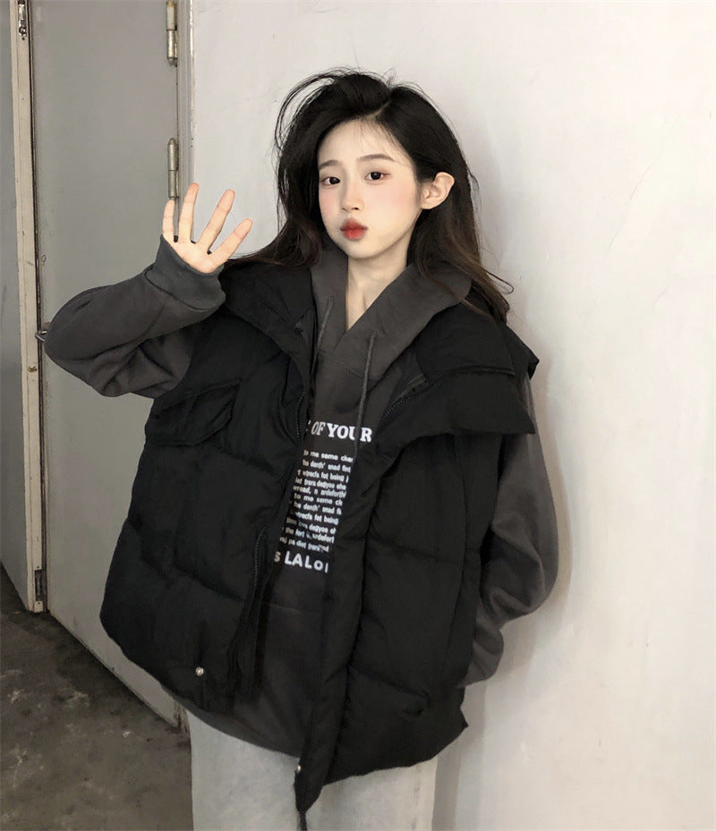 Collar Fold Wear Down Cotton-Padded Jacket Cotton-Padded Jacket Vest Coat Female Spring And Autumn Winter Loose Increase Vest Outside Wear Clip Jacket