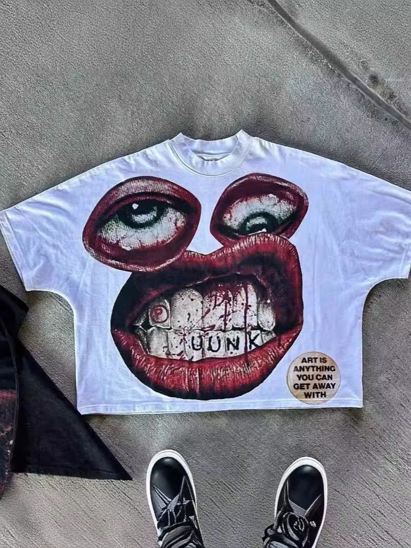 Yipinpay Men's T-Shirt Y2K Cotton Man Harajuku Street Hip-Hop Big Eyes Mouth Pattern Printing Super Classic