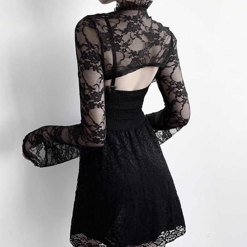 Yipinpay Horn Sleeve Black Collar V Inner Blouse The Court Tight Long-Sleeved Perspective Lace Bottomed Shirt