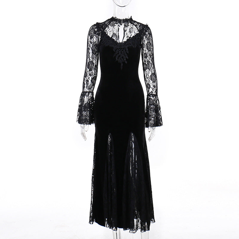 Yipinpay Autumn New Style Sexy Micro-Transparent Slim Dress Dark Lace Fishtail Long-Sleeved Dress Woman