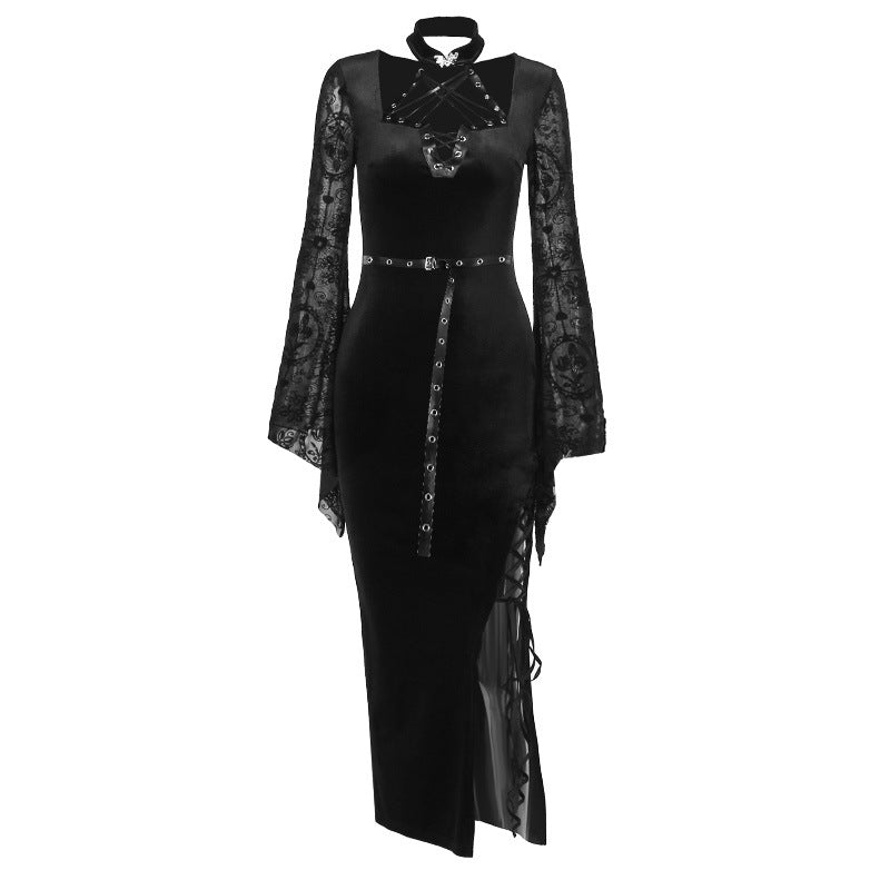 Yipinpay Autumn Style New Style Slim Velvet Dress With Dark Goth Horn Sleeves Tied With Forks