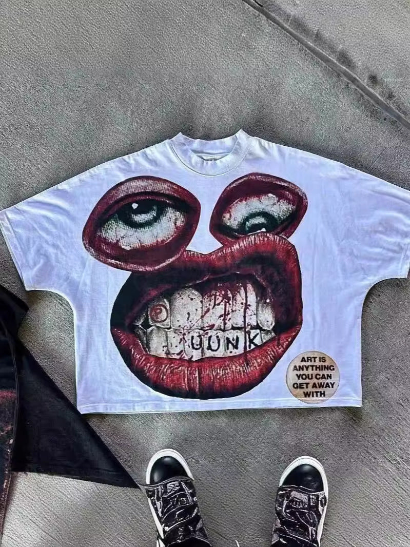 Yipinpay Men's T-Shirt Y2K Cotton Man Harajuku Street Hip-Hop Big Eyes Mouth Pattern Printing Super Classic