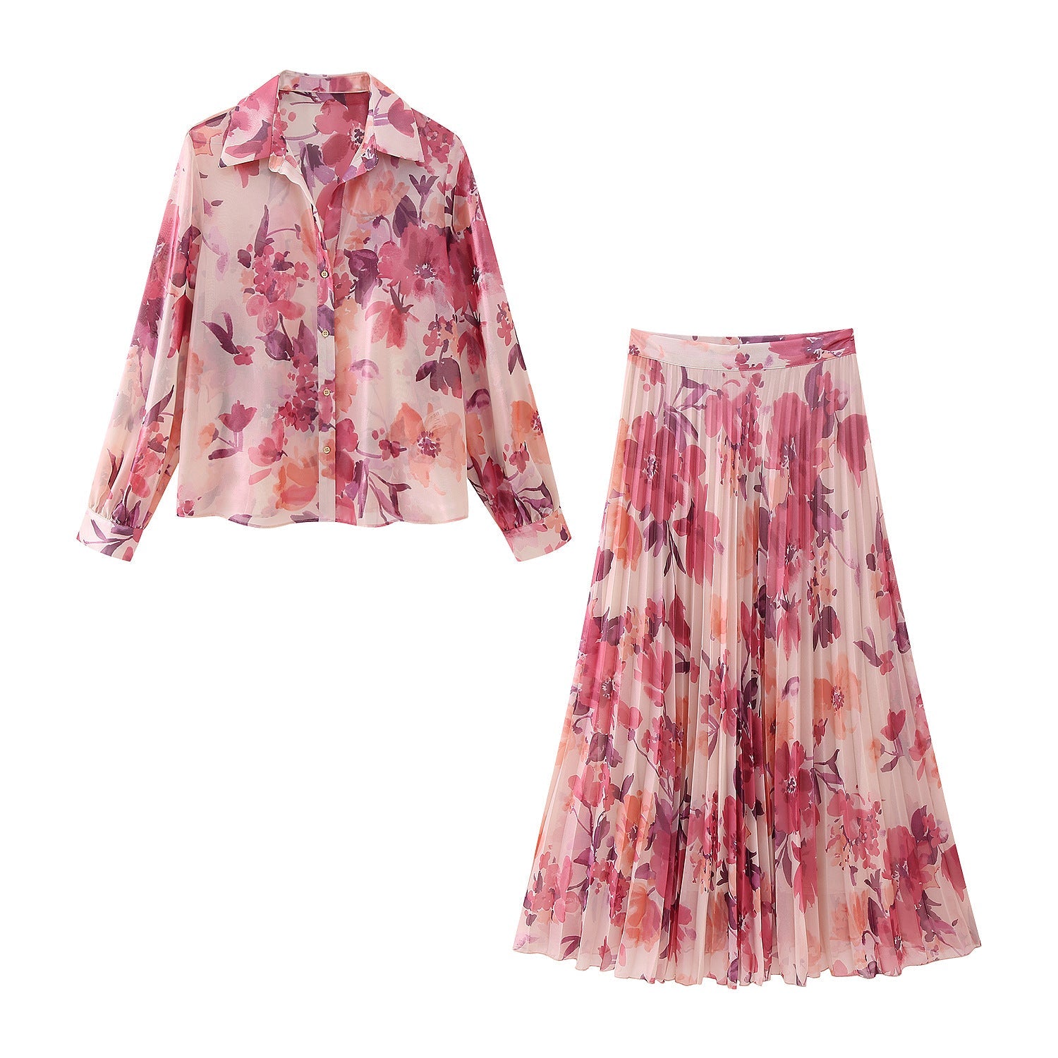 Yipinpay Spring Flower Printed Shirt 9878061 100-Pleated Skirt 9878055