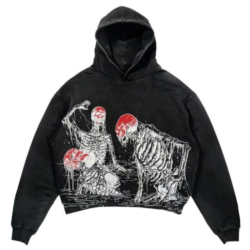 Yipinpay Vintage Gothic Skeleton Hoodie Autumn And Winter Hip Hop Long-Sleeved Coat Loose Hooded Sweatshirt