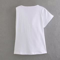 Yipinpay Spring Pleated Asymmetrical Cotton T-Shirt 0254338