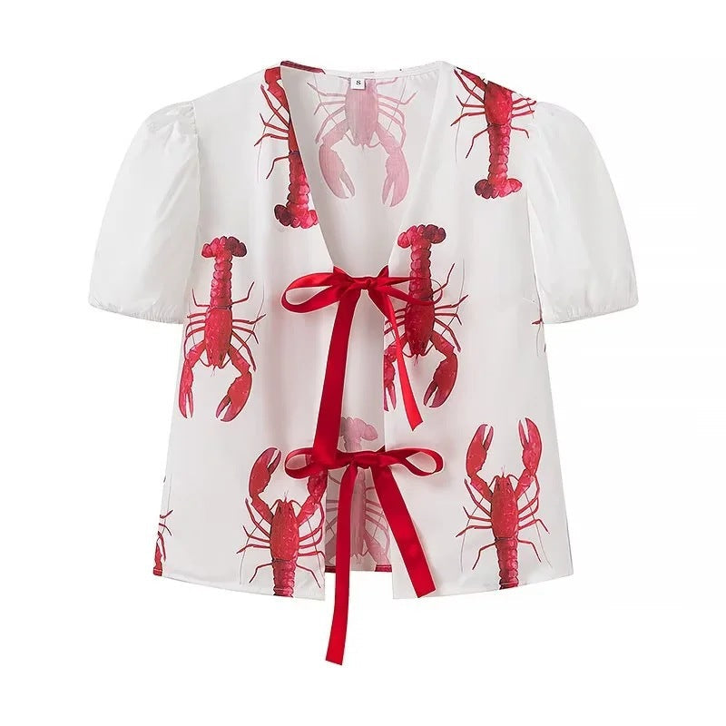 Yipinpay Women's New Style Lobster Print Lace-Up Short-Sleeved Shirt + Lobster Print Leisure Trousers Set