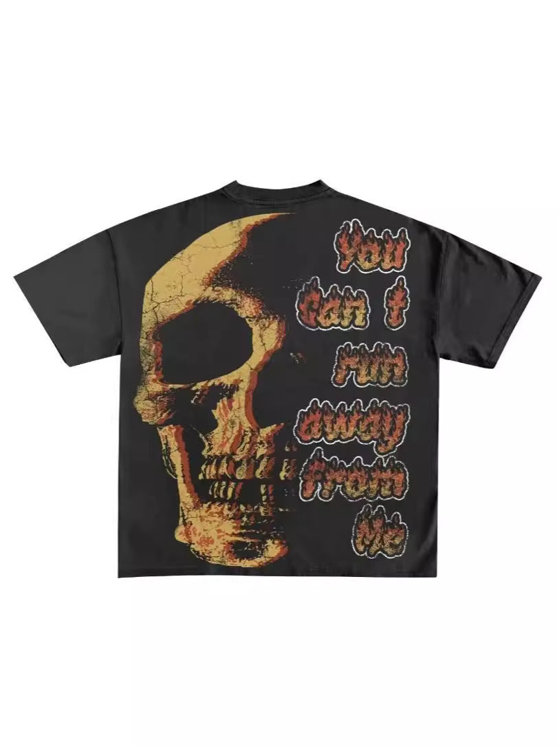 Yipinpay New Skull Print Mode Short-Sleeved Round-Collar Street Wash Hip-Hop Fashion Brand Retro Loose T-Shirt