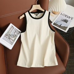 Yipinpay New Rice-White Sleeveless Spliced Slim Lady's Bottomed Vest T-Shirt