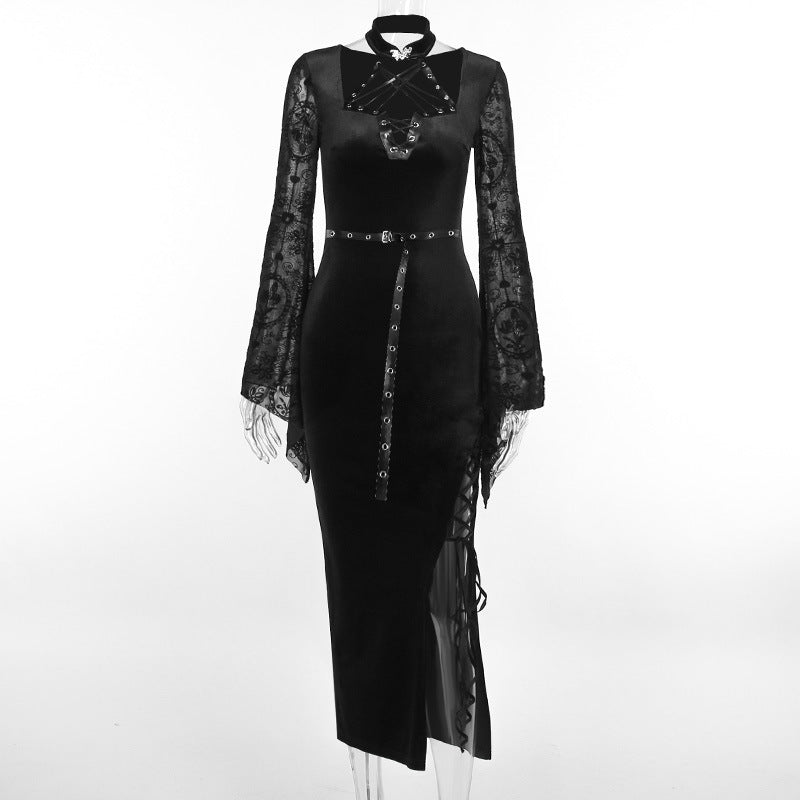 Yipinpay Autumn Style New Style Slim Velvet Dress With Dark Goth Horn Sleeves Tied With Forks