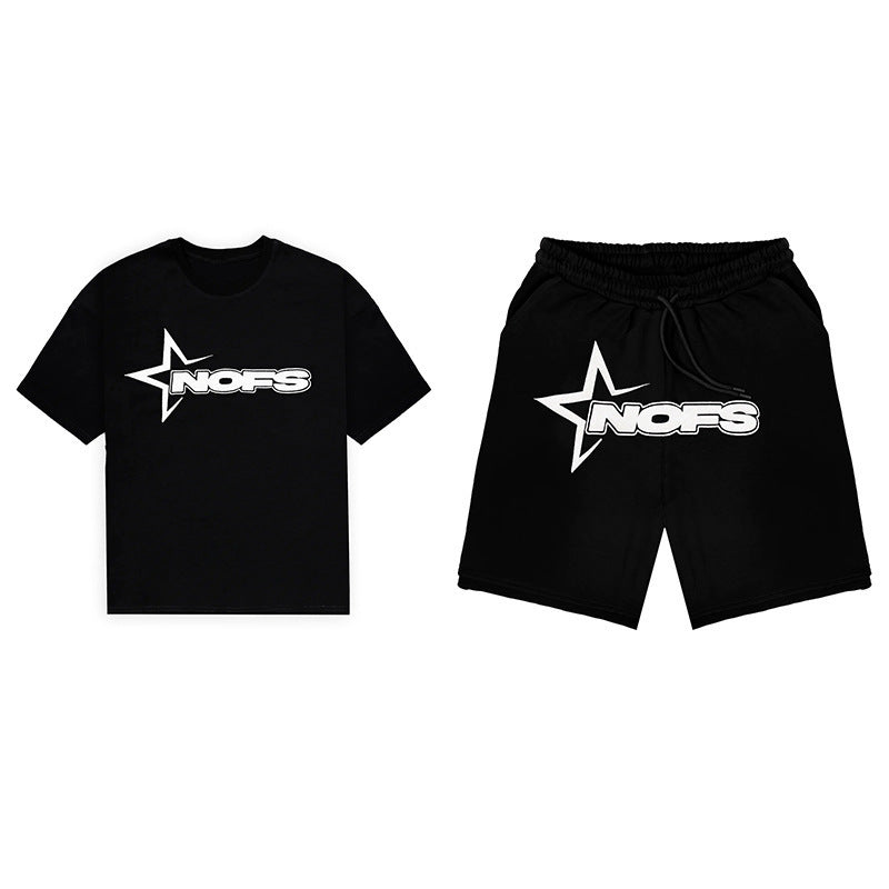 Yipinpay Year's New Short-Sleeved Shirt For Men And Women's Trend Card Street Hip-Hop Punk Letter Printed T-Shirt Shorts