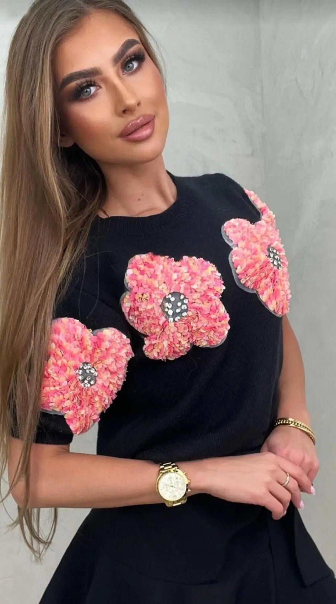 Yipinpay 3D Floral Knitted Cropped Tops For Women 2024 Street Short Sleeve Flower Sweater Elegant Lady O Neck Pullover Knitwear