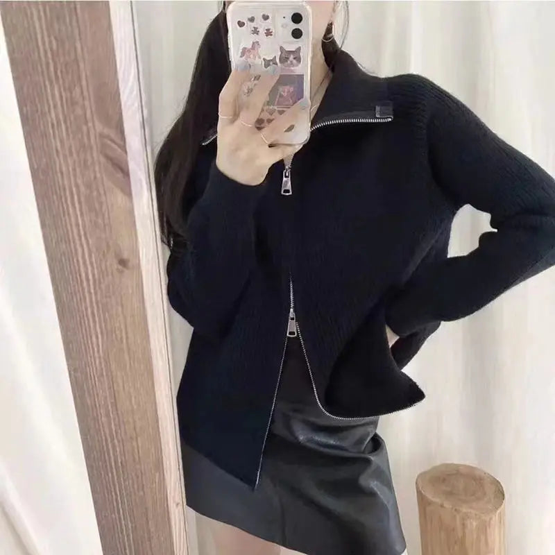 Yipinpay cardigan sweater female spring and autumn lapel zipper sweater long sleeve solid women foreign outerwear cardigan female