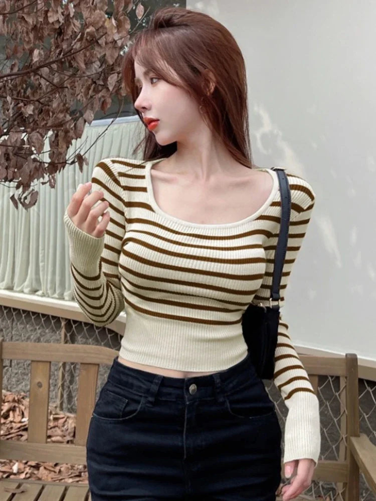 Yipinpay Cropped Sweater Women Vintage Striped Autumn New O Neck Slim Stretch Bottoming Ladies Knitted Tops Sexy Fashion