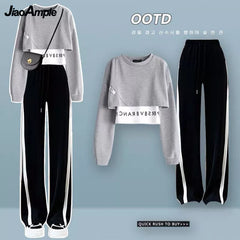 Yipinpay Autumn New Fashion Fake Two Piece Sweater Pants Set Women's Casual Tracksuit Korean Elegant Hoodies Trousers Sports Suit