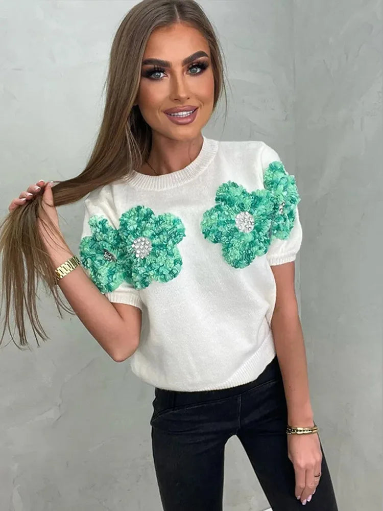 Yipinpay 3D Floral Knitted Cropped Tops For Women 2024 Street Short Sleeve Flower Sweater Elegant Lady O Neck Pullover Knitwear