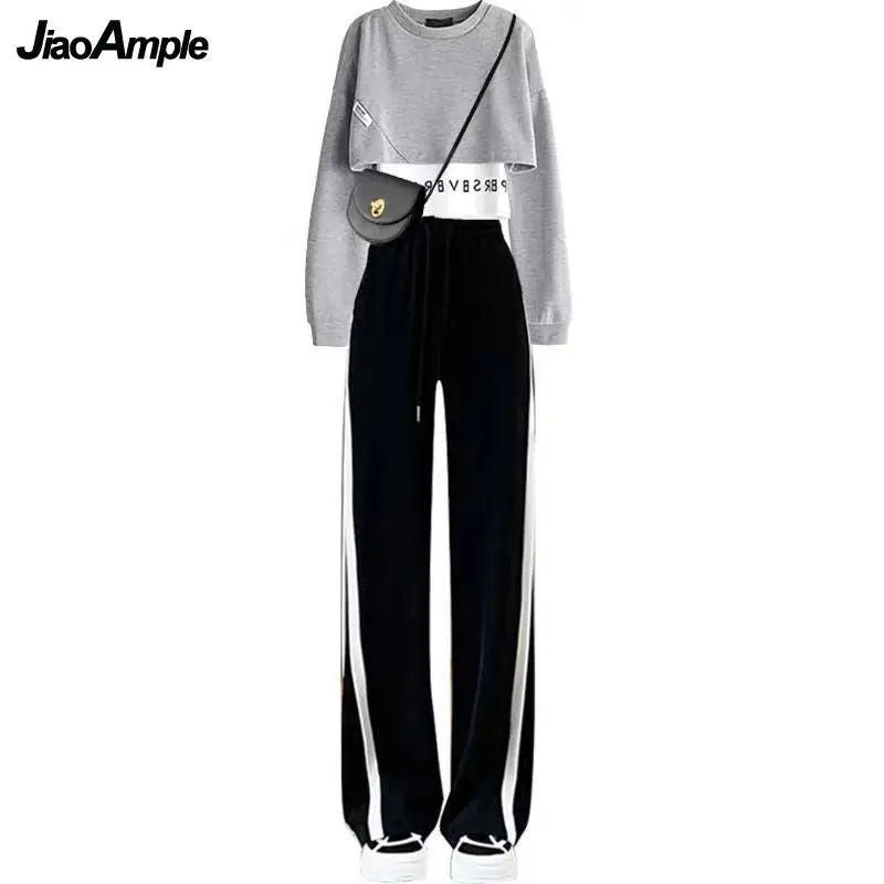 Yipinpay Autumn New Fashion Fake Two Piece Sweater Pants Set Women's Casual Tracksuit Korean Elegant Hoodies Trousers Sports Suit