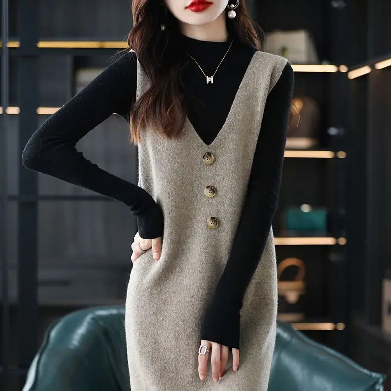 Yipinpay knitted vest skirt long V-neck casual loose sweater solid 2024 autumn and winter knitted sleeveless women vest sweater