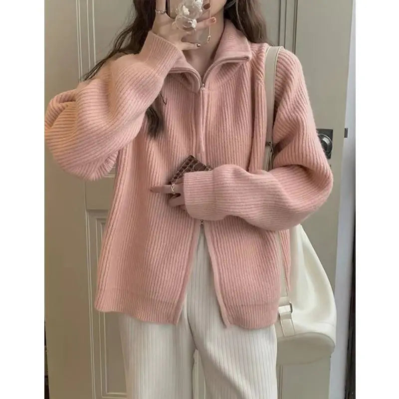 Yipinpay cardigan sweater female spring and autumn lapel zipper sweater long sleeve solid women foreign outerwear cardigan female