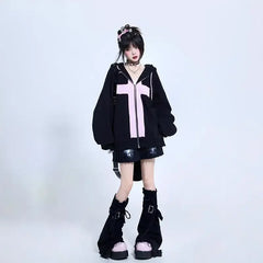 Yipinpay Fairy Tale Black Pink Sweet Cool Rabbit Contrast Hoodies Women Sweatshirt Autumn Loose Zipper Cardigan Coat Women Clothing