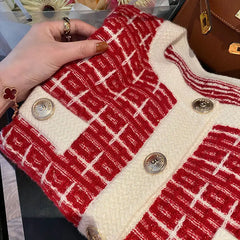 Yipinpay Autumn Sweater Women Knitted Cardigan New Year 2024 Spring and Autumn Checker Red Small Fragrant Coat O Neck Sweater